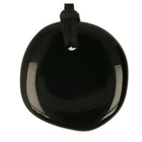 Zwarte obsidiaan plat doorboord + koord