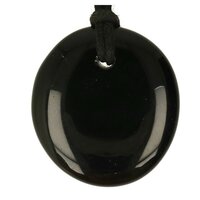 Zwarte obsidiaan plat doorboord + koord